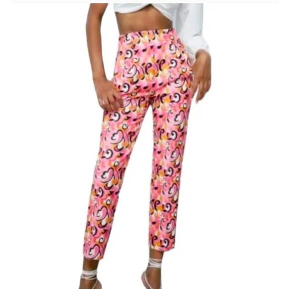 Zara Paisley and Floral 70s Style Dress Pants Pink Orange White Black Size L - Picture 1 of 7